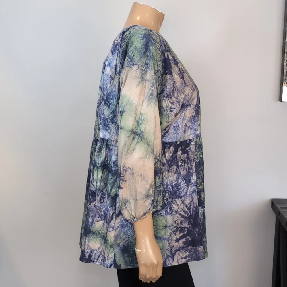 NEW Cabi Woodstock Blue Green Tie Dye Linen Babydoll Top Tunic Size Medium - Picture 10 of 14